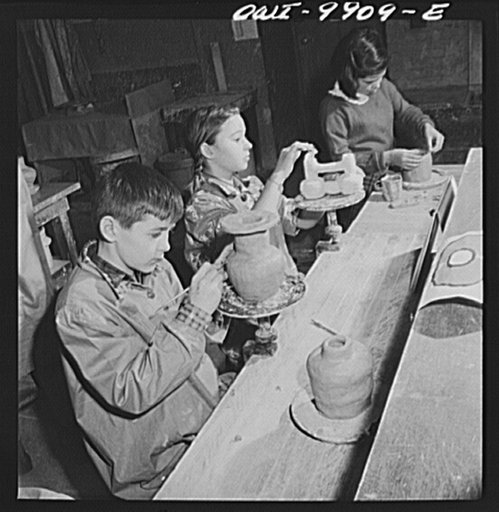 New York, New York. The Lincoln School of Teachers' College, Columbia University. Sixth-grade pupils making pottery influenced by Latin American design