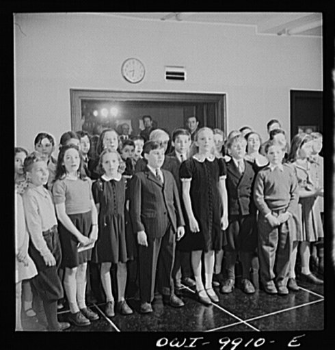 Untitled photo, possibly related to: New York, New York. The Lincoln School of Teachers' College, Columbia University. Elementary school students singing America the Beautiful during a radio broadcast to Latin American under the auspices of the Coordinator of Inter-American Affairs