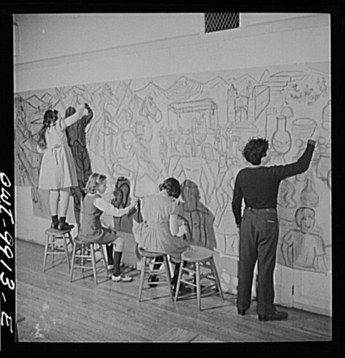 New York, New York. The Lincoln School of Teachers' College, Columbia University. Four students working on the preliminary sketches of a mural depicting the history of Peru
