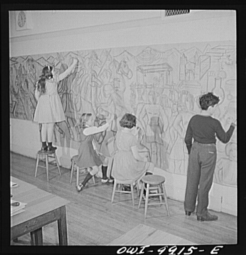 Untitled photo, possibly related to: New York, New York. The Lincoln School of Teachers' College, Columbia University. Four students working on the preliminary sketches of a mural depicting the history of Peru