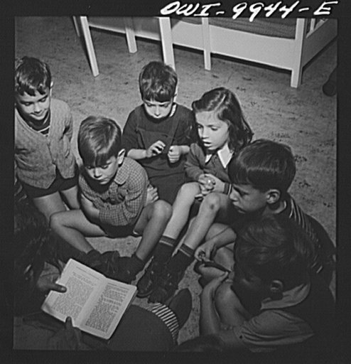 New York, New York. Children's Colony, a school for refugee children administered by a Viennese. Children of all nations listening to a story in English