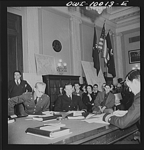 Washington, D.C. Under the auspices of the Bureau of University Travel and the National Capital School Visitors' Council, over 200 high school students chosen for their intellectual alertness visited Washington for a week. Students listening in on a hearing of the Naval Affairs Committee