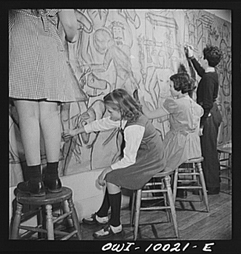 New York, New York. The Lincoln School of Teachers' College, Columbia University. Four students working on the preliminary sketches of a mural depicting the history of Peru