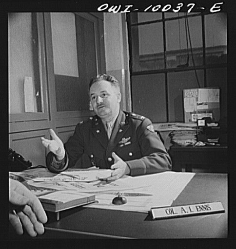 Washington, D.C. Colonel A.I. Ennis, chief of United States Army Air Corps Office of Public Relations at his desk in the munitions building