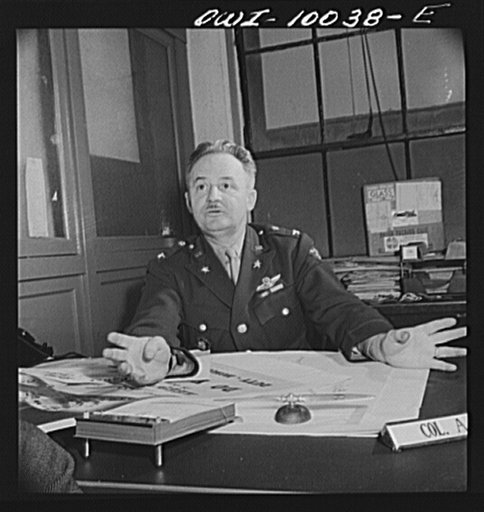 Washington, D.C. Colonel A.I. Ennis, chief of United States Army Air Corps Office of Public Relations at his desk in the munitions building