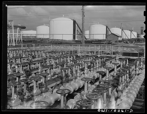 Tulsa, Oklahoma. Valve manifold which controls the pipeline system at the Mid-continent refinery