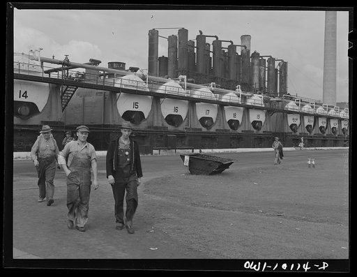 Untitled photo, possibly related to: Tulsa, Oklahoma. Workers leaving the grounds at the noon hour at the Mid-continent refinery