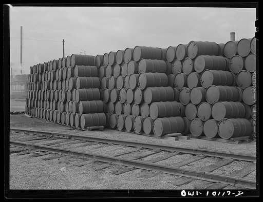 Untitled photo, possibly related to: Tulsa, Oklahoma. Tulsa, Oklahoma. Barrels of lubricating oil for the Navy at the Mid-continent refinery