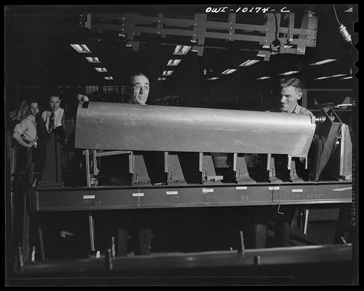 De Soto bomber plant, Detroit, Michigan. Loading assembly fixture of a leading edge sub-assembly