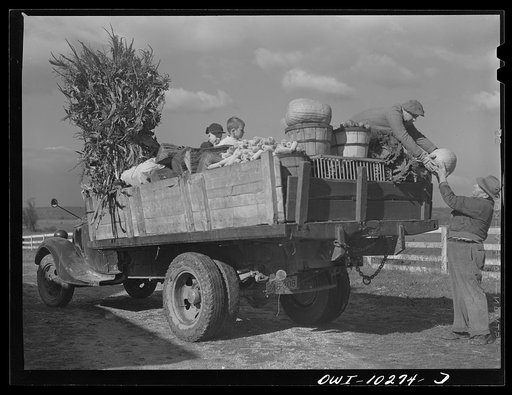 Montgomery County, Maryland. Farmers sharing a truck on market day