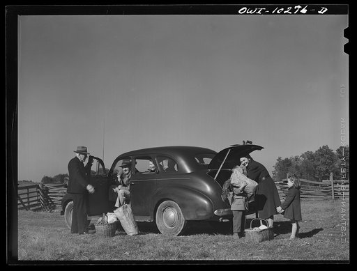 Untitled photo, possibly related to: Montgomery County, Maryland. Farmers sharing a car on market day