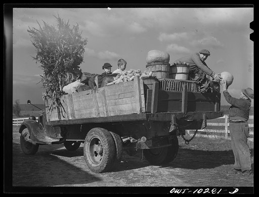 Untitled photo, possibly related to: Montgomery County, Maryland. Farmers sharing a truck on market day