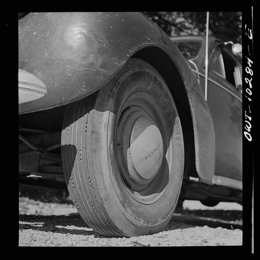Untitled photo, possibly related to: Montgomery County, Maryland. Tire of farmer's car
