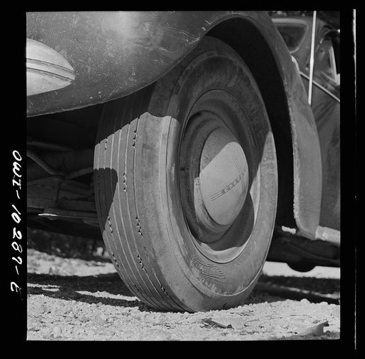 Untitled photo, possibly related to: Montgomery County, Maryland. Tire of farmer's car