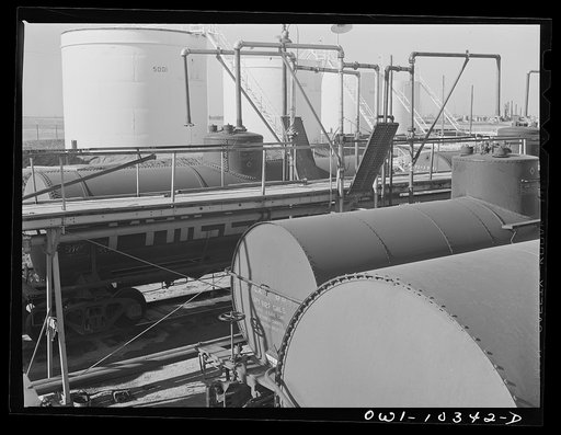 Untitled photo, possibly related to: Tank cars at a gasoline plant loading rack