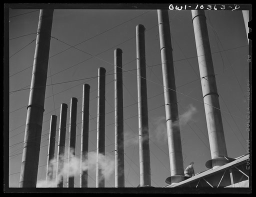 Smokestacks at a boiler house at the Phillips gasoline plant
