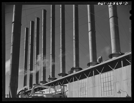 Smokestacks at a boiler house at the Phillips gasoline plant