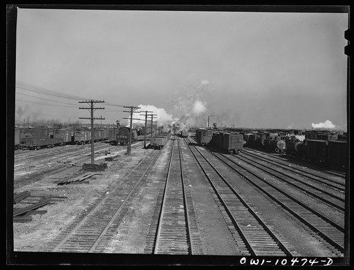 Chicago, Illinois. Cars on classification tracks at an Illinois Central Railroad yard