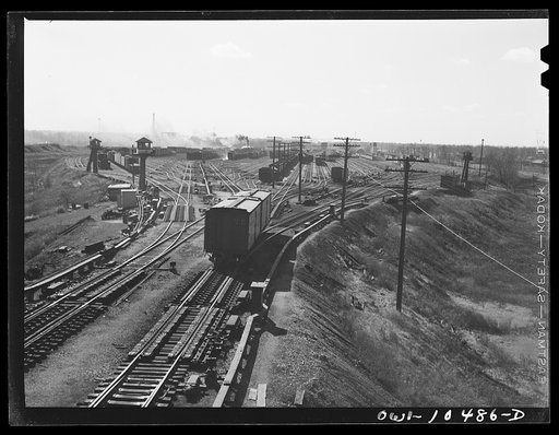 Untitled photo, possibly related to: Chicago, Illinois. General view of the south hump at an Illinois Central Railroad yard