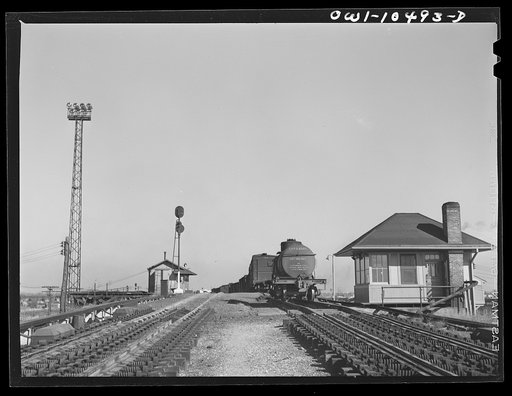 Untitled photo, possibly related to: Chicago, Illinois. Tank car going over the retarder at the south hump at an Illinois Central Railroad yard
