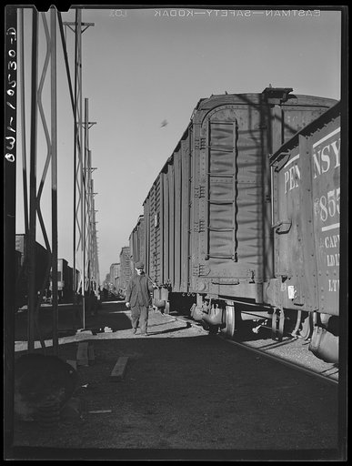 Chicago, Illinois. Cars awaiting repair on the repair, or "rip" tracks at an Illinois Central Railroad yard