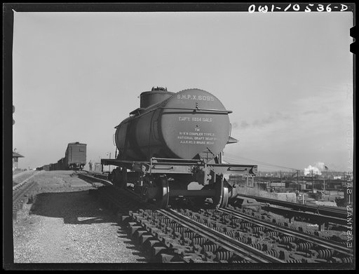 Untitled photo, possibly related to: Chicago, Illinois. Tank car going over the retarder at the south hump at an Illinois Central Railroad yard