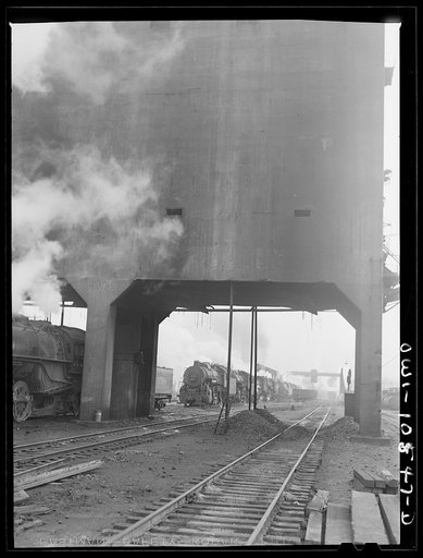 Untitled photo, possibly related to: Chicago, Illinois. The turntable at the roundhouse at an Illinois Central Railroad yard
