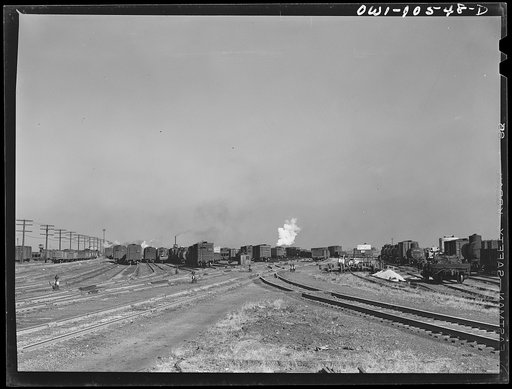 Chicago, Illinois. Cars on classification tracks at an Illinois Central Railroad yard