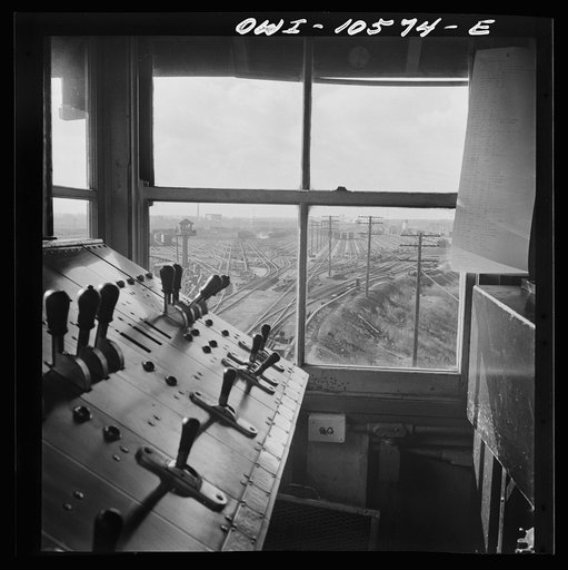 Chicago, Illinois. South classification yard seen from retarder operators' tower at an Illinois Central Railroad yard