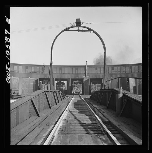 Chicago, Illinois. The turntable at the roundhouse at an Illinois Central Railroad yard
