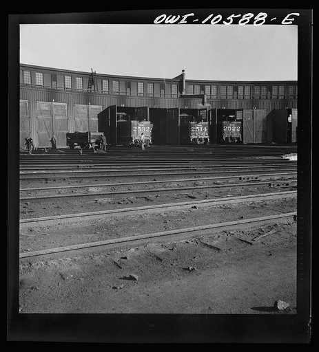 Untitled photo, possibly related to: Chicago, Illinois. The turntable at the roundhouse at an Illinois Central Railroad yard