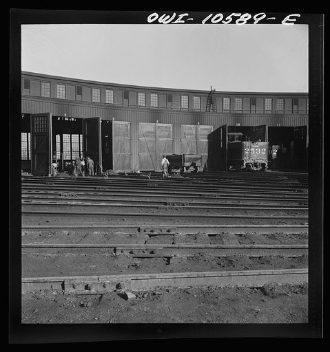 Untitled photo, possibly related to: Chicago, Illinois. The turntable at the roundhouse at an Illinois Central Railroad yard