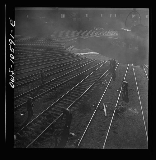 Untitled photo, possibly related to: Chicago, Illinois. The turntable at the roundhouse at an Illinois Central Railroad yard