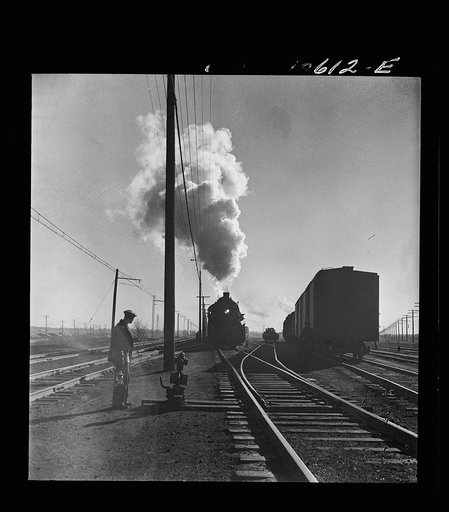 Chicago, Illinois. Brakeman going on the late afternoon shift, waiting to hop an engine to take him to his place of work in an Illinois Central Railraod yard