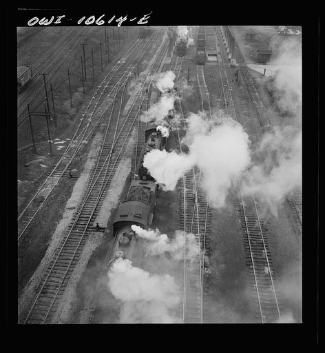 Untitled photo, possibly related to: Chicago, Illinois. Engines lined up at coaling station at an Illinois Central Railroad yard