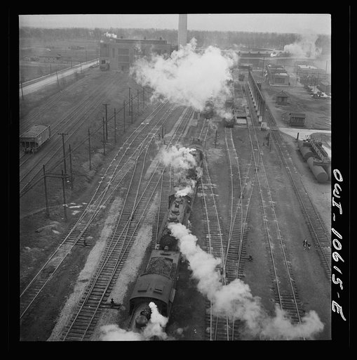 Chicago, Illinois. Engines lined up at coaling station at an Illinois Central Railroad yard