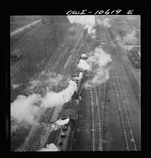 Chicago, Illinois. Engines lined up at coaling station at an Illinois Central Railroad yard