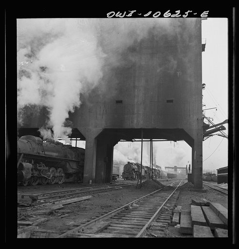 Chicago, Illinois. Engines lined up at coaling station at an Illinois Central Railraod yard
