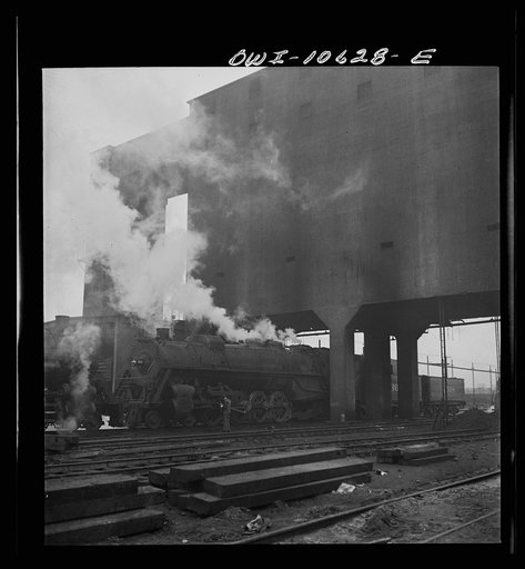 Untitled photo, possibly related to: Chicago, Illinois. The turntable at the roundhouse at an Illinois Central Railroad yard