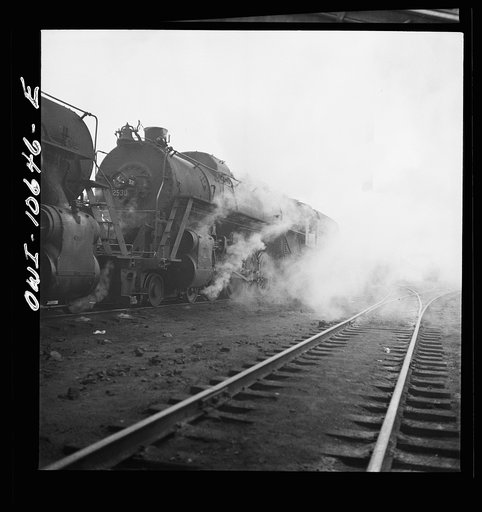 Untitled photo, possibly related to: Chicago, Illinois. Washing a locomotive at the coaling station at an Illinois Central Railroad yard