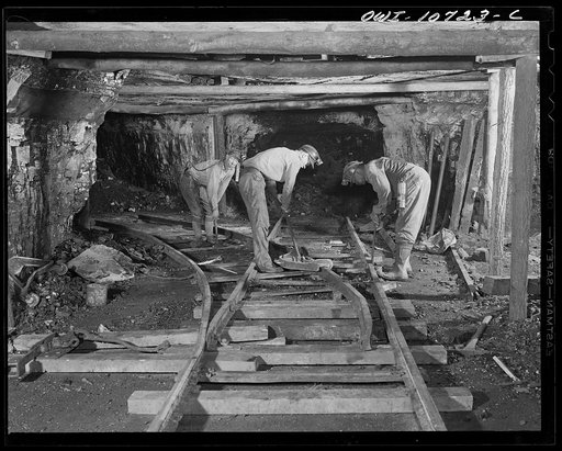 Pittsburgh, Pennsylvania (vicinity). Montour no. 4 mine of the Pittsburgh Coal Company. There are miles and miles of track in a mine and the maintenance of the roadbed, ballast and switches keeps a crew working constantly