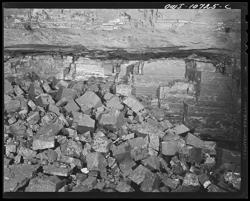 Pittsburgh, Pennsylvania (vicinity). Montour no. 4 mine of the Pittsburgh Coal Company. A face of coal shot down by a Cordox shell