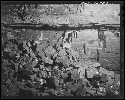 Pittsburgh, Pennsylvania (vicinity). Montour no. 4 mine of the Pittsburgh Coal Company. A face of coal shot down by a Cordox shell