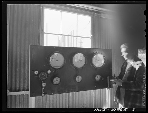 Untitled photo, possibly related to: Oklahoma City, Oklahoma. Control board in the pump room at Phillips gasoline plant
