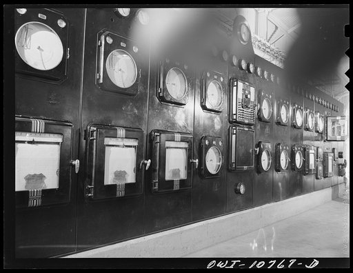 Untitled photo, possibly related to: Oklahoma City, Oklahoma. Control board in the pump room at Phillips gasoline plant