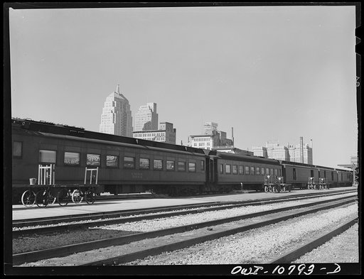 Oklahoma City, Oklahoma. Pullman cars and city skyline