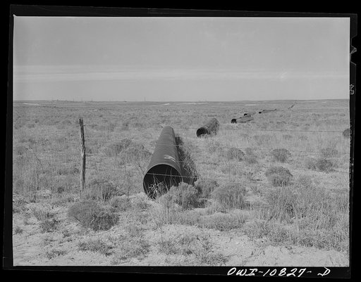 Untitled photo, possibly related to: Moore County, Texas. Pipe strung out awaiting trench digging crew
