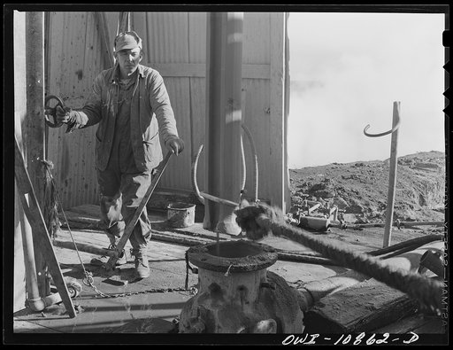 Untitled photo, possibly related to: Moore County, Texas. Cable tool driller at work