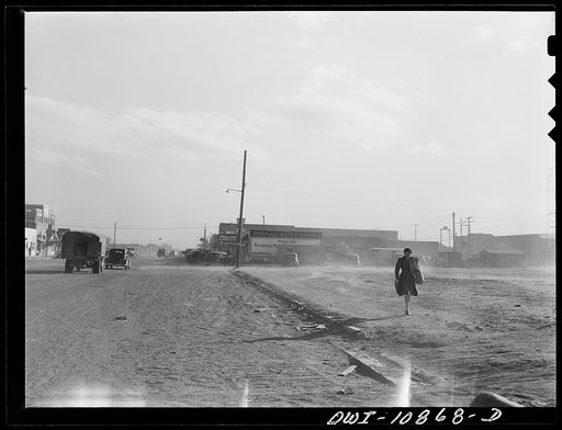 Dumas, Texas. Dust blowing on main street