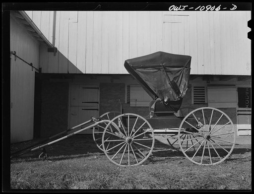 Manheim, Lancaster County, Pennsylvania. A farmer who rides into town every day in a buggy to work at a hardware store leaves his horse in a friend's barn on the outskirts of town